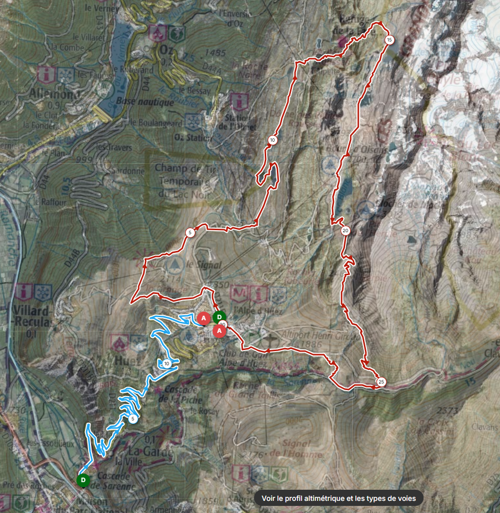 Carte globale du parcours vélo et trail, Alpe d'Huez